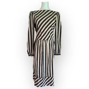 VTG Tan and Black Classic Striped Midi Dress Size 10